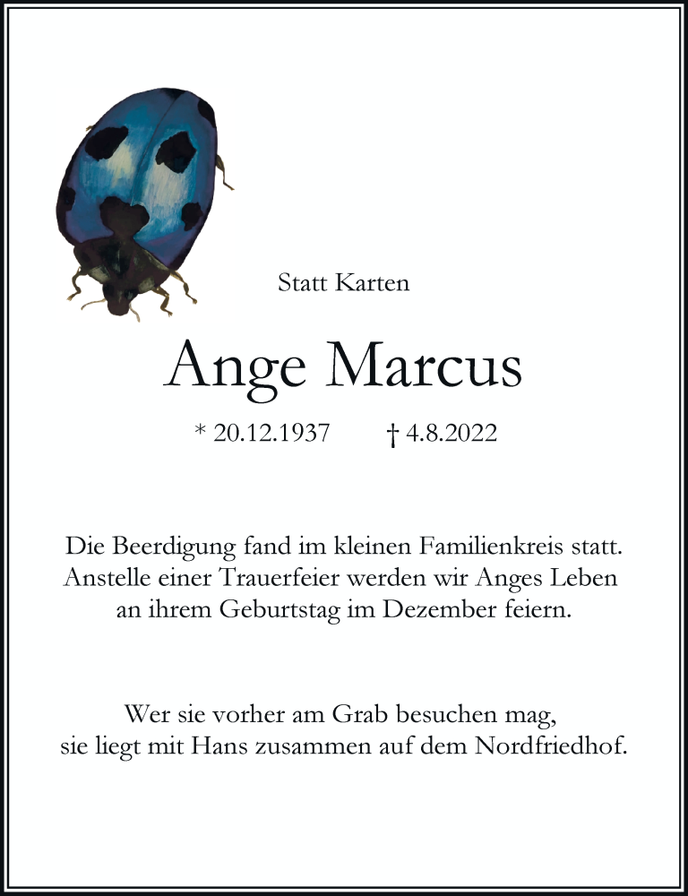  Traueranzeige für Ange Marcus vom 13.08.2022 aus Rheinische Post