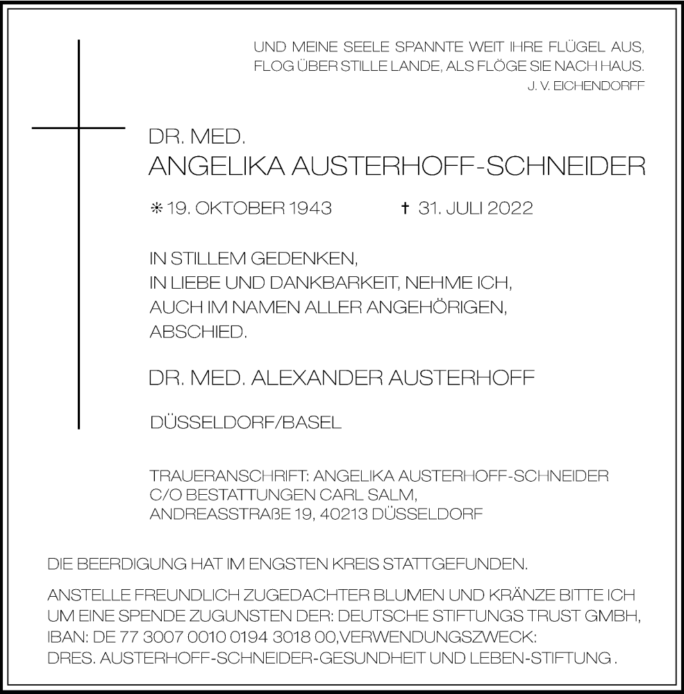  Traueranzeige für Angelika Austerhoff-Schneider vom 13.08.2022 aus Rheinische Post
