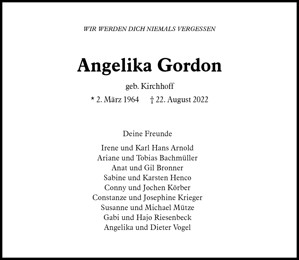  Traueranzeige für Angelika Gordon vom 27.08.2022 aus Rheinische Post