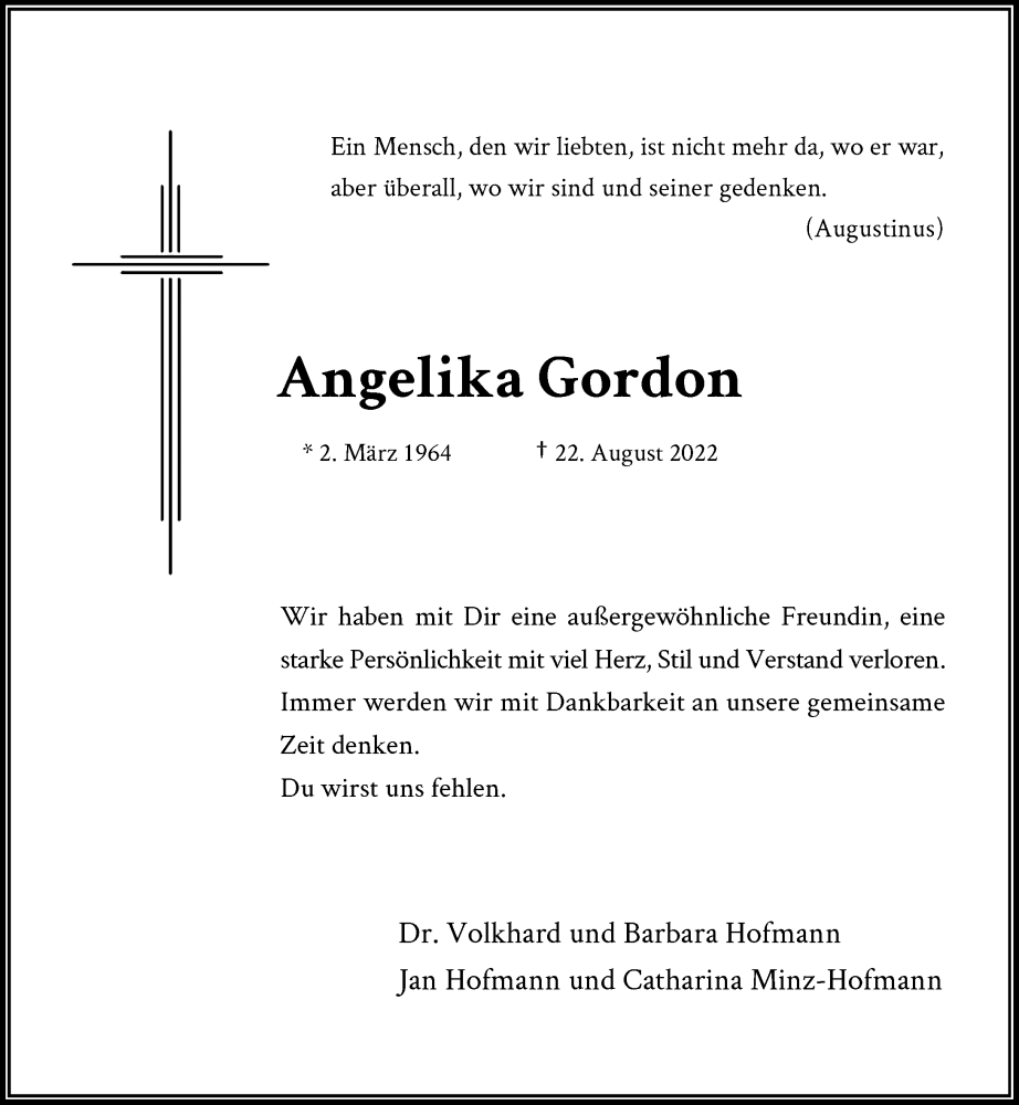  Traueranzeige für Angelika Gordon vom 27.08.2022 aus Rheinische Post
