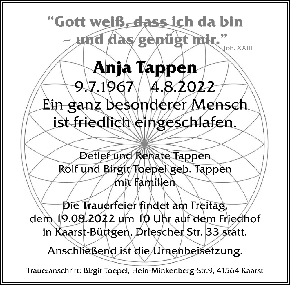  Traueranzeige für Anja Tappen vom 13.08.2022 aus Rheinische Post