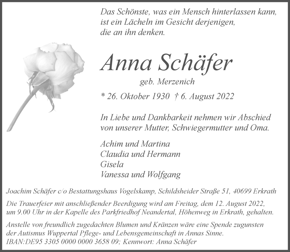  Traueranzeige für Anna Schäfer vom 10.08.2022 aus Rheinische Post