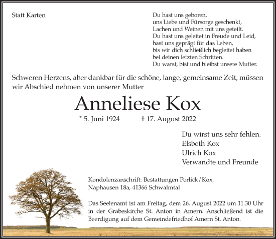 Traueranzeige von Anneliese Kox von Rheinische Post