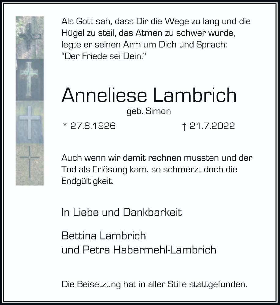  Traueranzeige für Anneliese Lambrich vom 13.08.2022 aus Rheinische Post