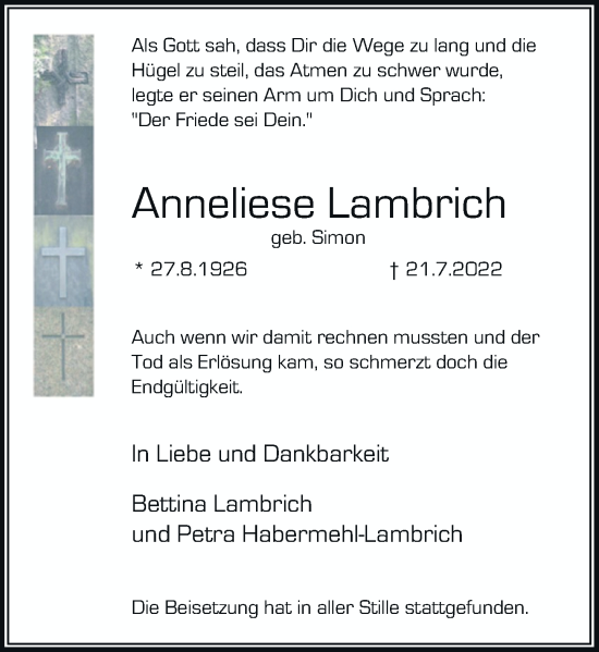 Traueranzeige von Anneliese Lambrich von Rheinische Post