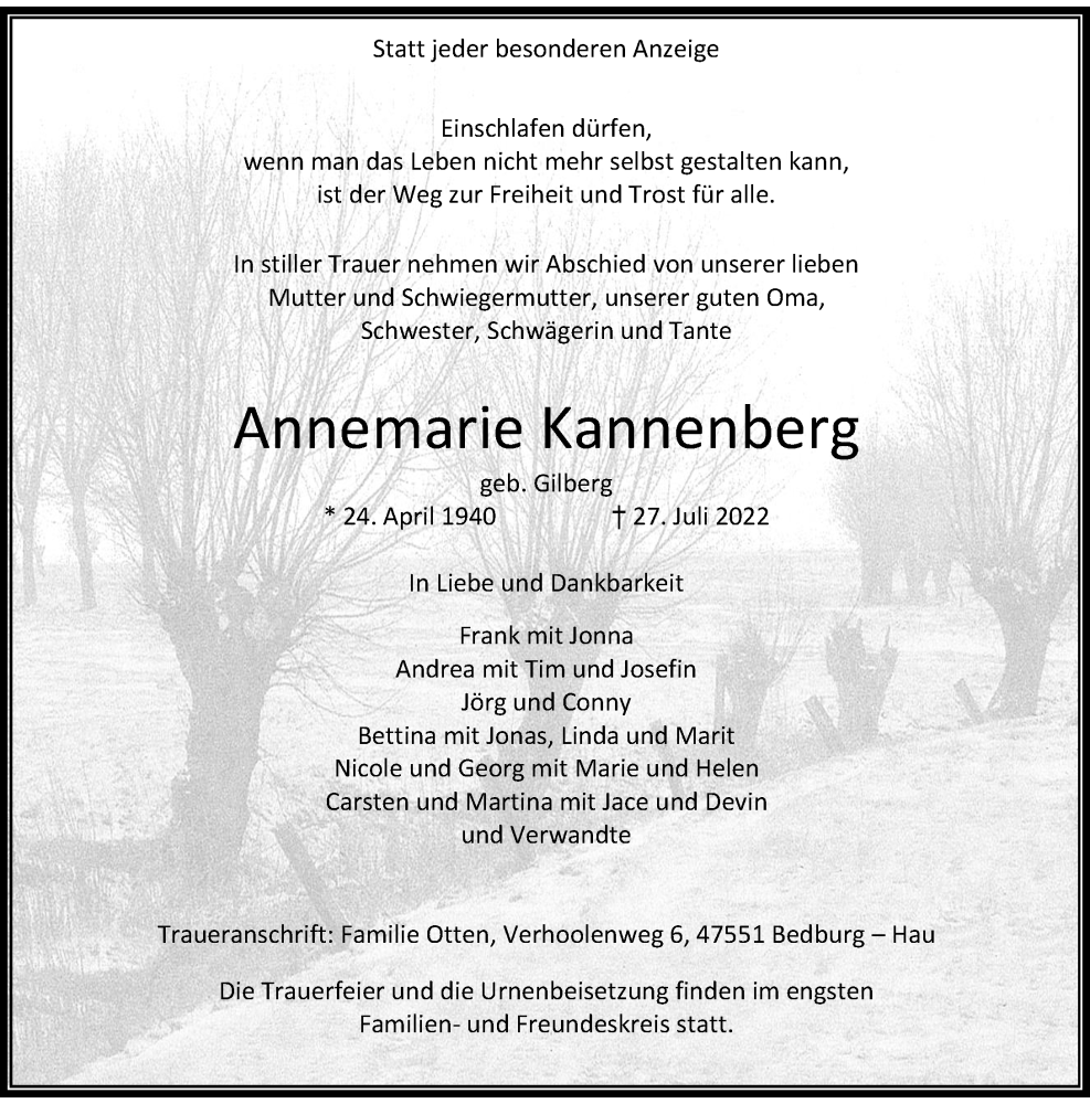  Traueranzeige für Annemarie Kannenberg vom 06.08.2022 aus Rheinische Post