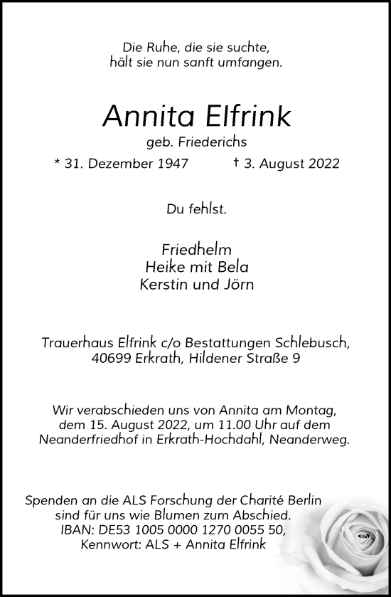 Traueranzeige von Annita Elfrink von Rheinische Post