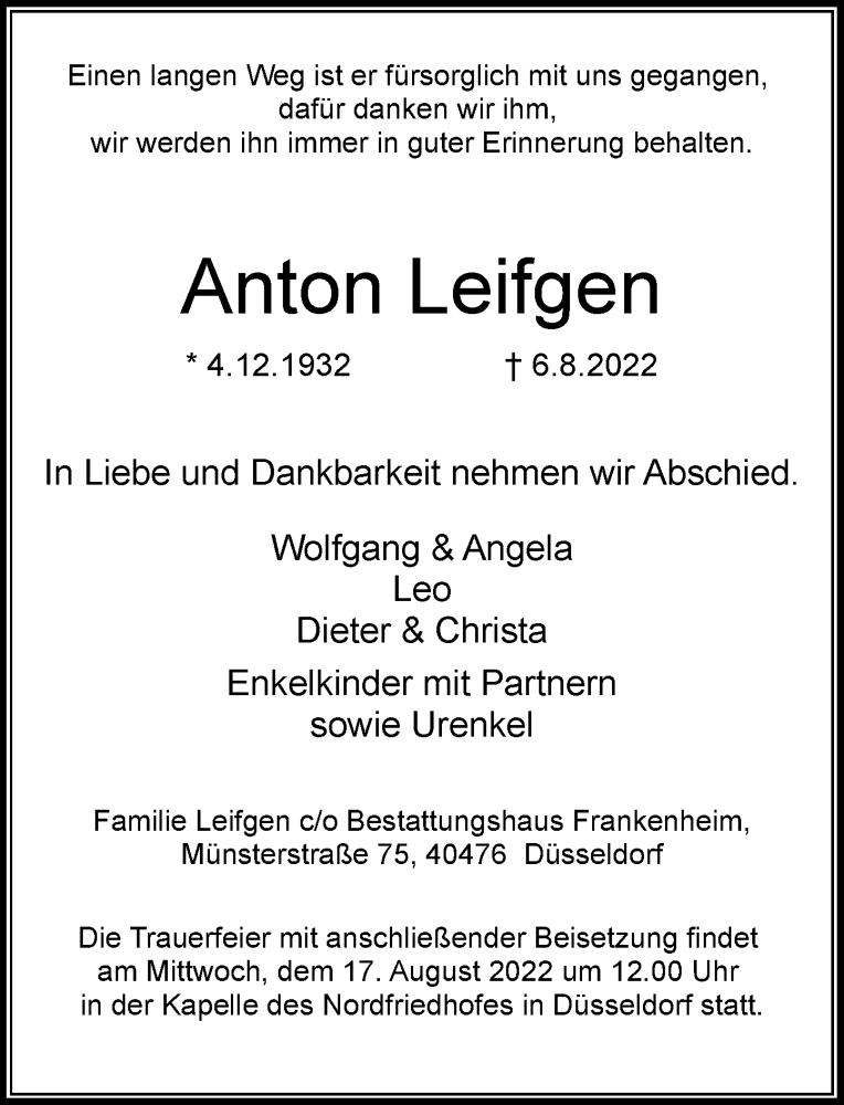  Traueranzeige für Anton Leifgen vom 13.08.2022 aus Rheinische Post