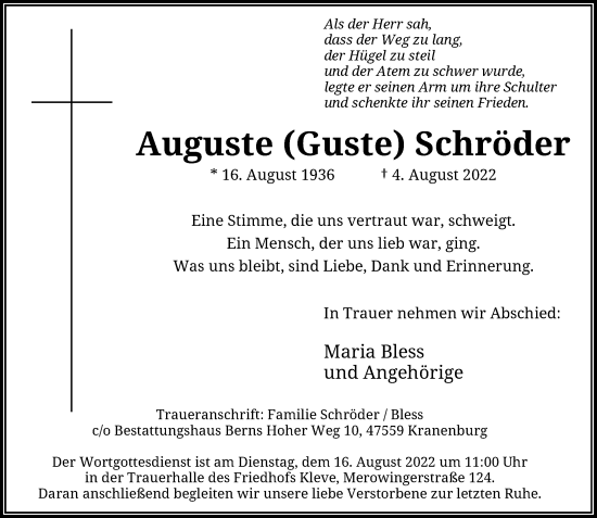 Traueranzeige von Auguste Schröder von Rheinische Post