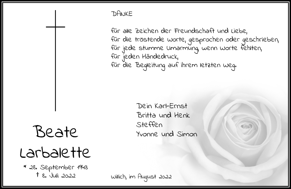  Traueranzeige für Beate Larbalette vom 06.08.2022 aus Rheinische Post