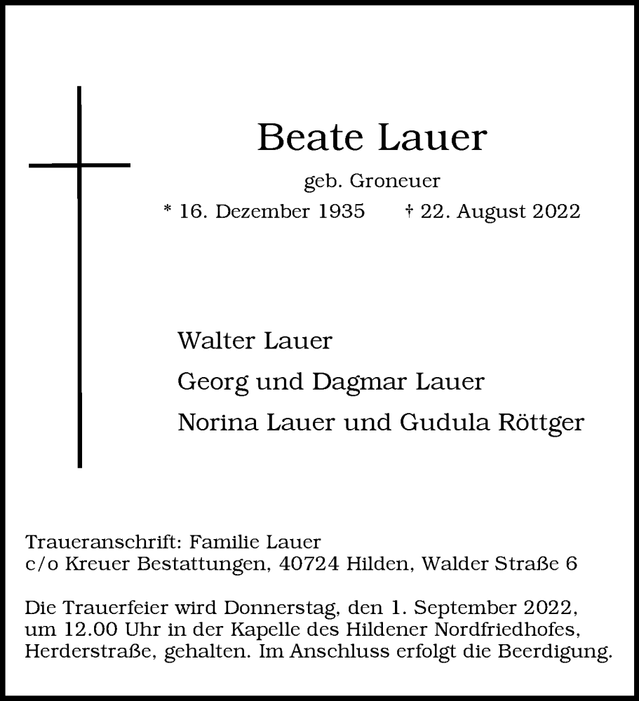  Traueranzeige für Beate Lauer vom 27.08.2022 aus Rheinische Post