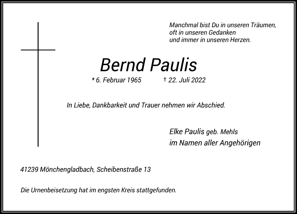  Traueranzeige für Bernd Paulis vom 06.08.2022 aus Rheinische Post