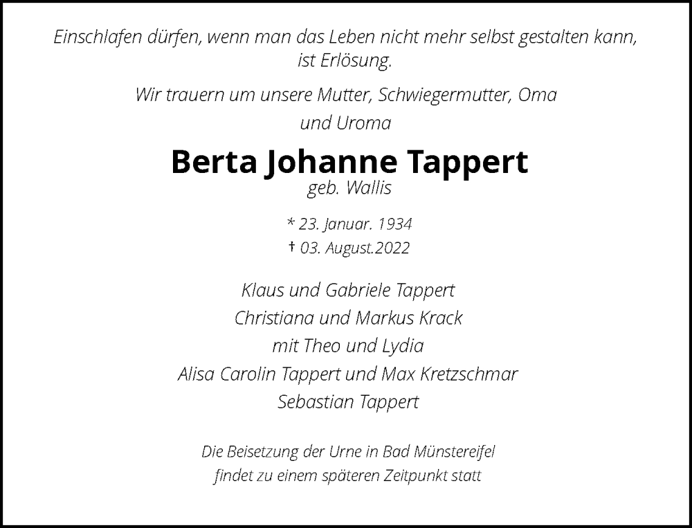  Traueranzeige für Berta Johanne Tappert vom 13.08.2022 aus Rheinische Post