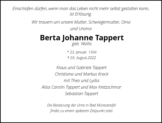 Traueranzeige von Berta Johanne Tappert von Rheinische Post