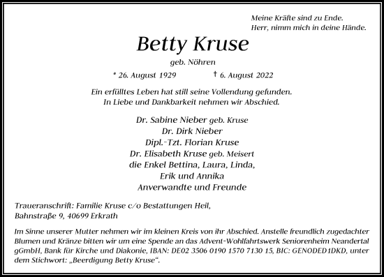 Traueranzeige von Betty Kruse von Rheinische Post