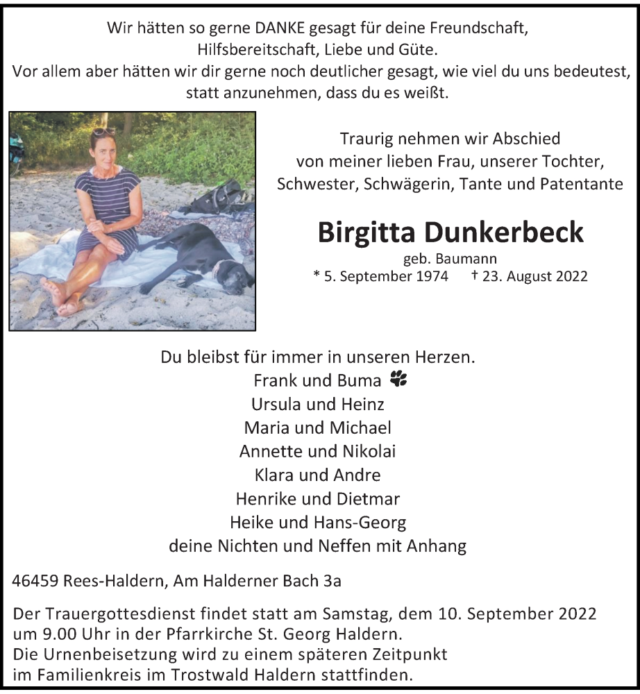  Traueranzeige für Birgitta Dunkerbeck vom 05.09.2022 aus Rheinische Post