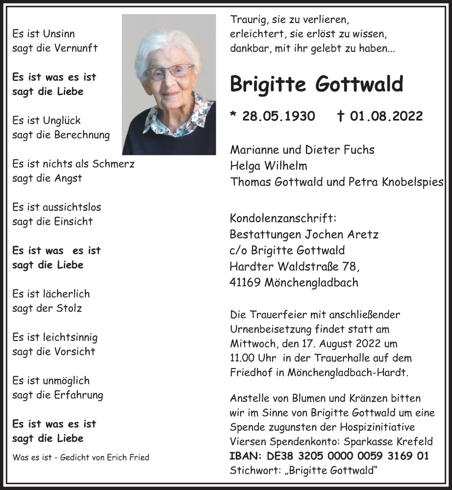  Traueranzeige für Brigitte Gottwald vom 13.08.2022 aus Rheinische Post