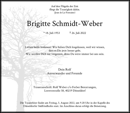 Traueranzeige von Brigitte Schmidt-Weber von Rheinische Post