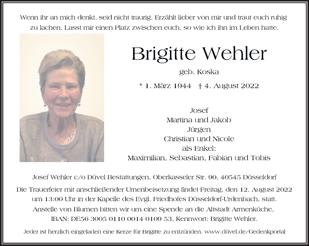  Traueranzeige für Brigitte Wehler vom 06.08.2022 aus Rheinische Post