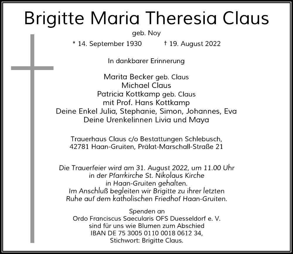  Traueranzeige für Brigitte Maria Theresia Claus vom 27.08.2022 aus Rheinische Post
