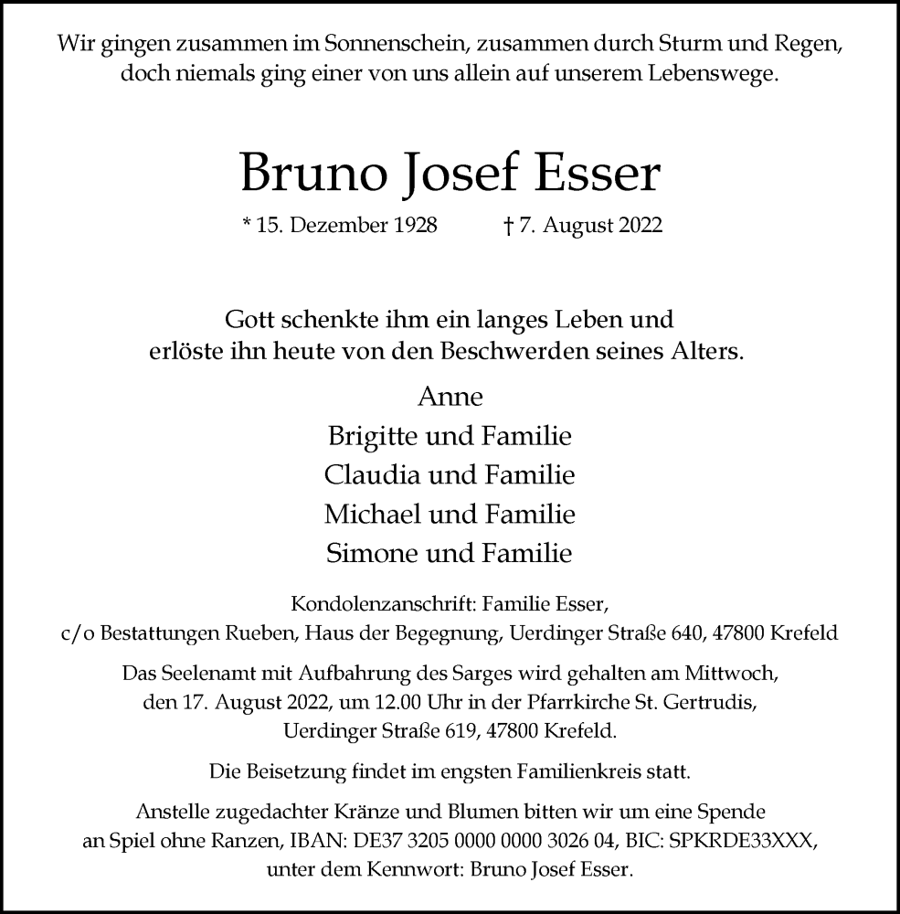  Traueranzeige für Bruno Josef Esser vom 13.08.2022 aus Rheinische Post