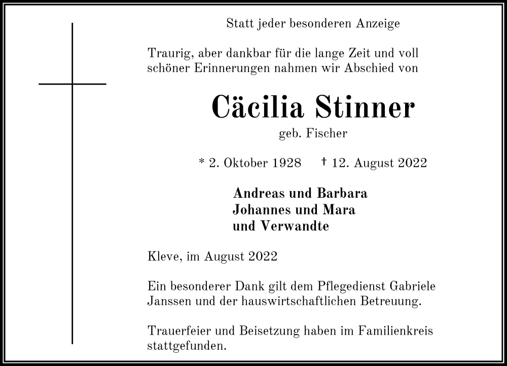  Traueranzeige für Cäcilia Stinner vom 22.08.2022 aus Rheinische Post