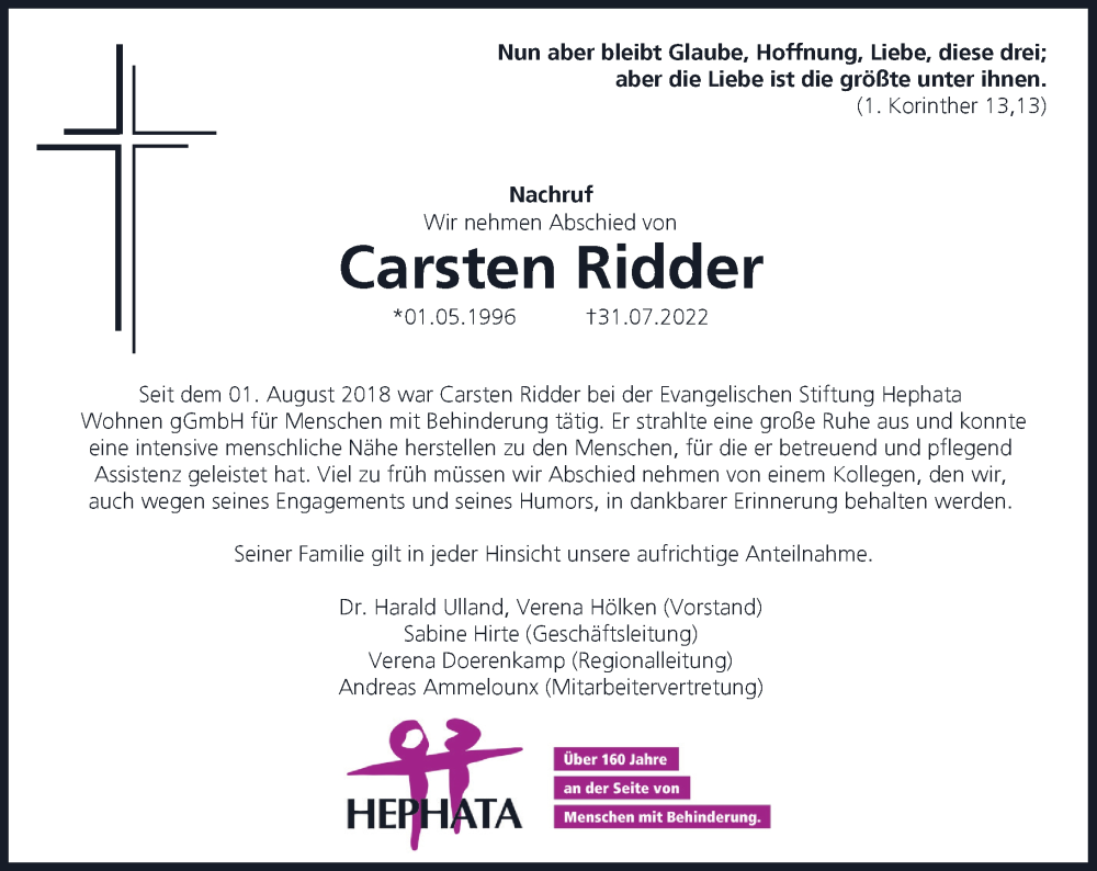  Traueranzeige für Carsten Ridder vom 13.08.2022 aus Rheinische Post