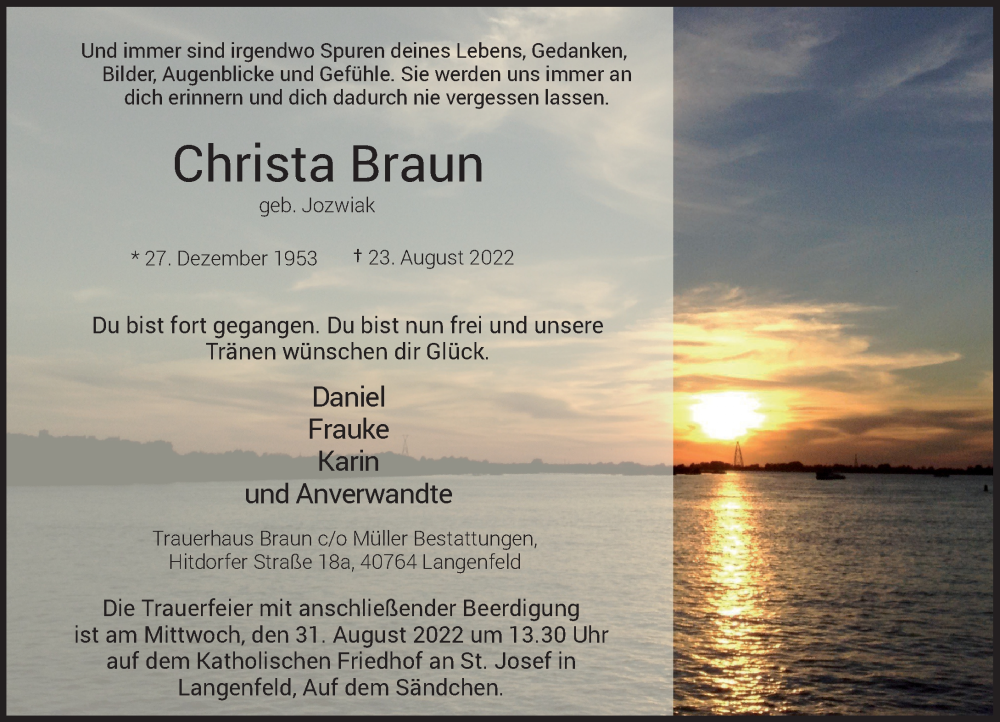  Traueranzeige für Christa Braun vom 27.08.2022 aus Rheinische Post
