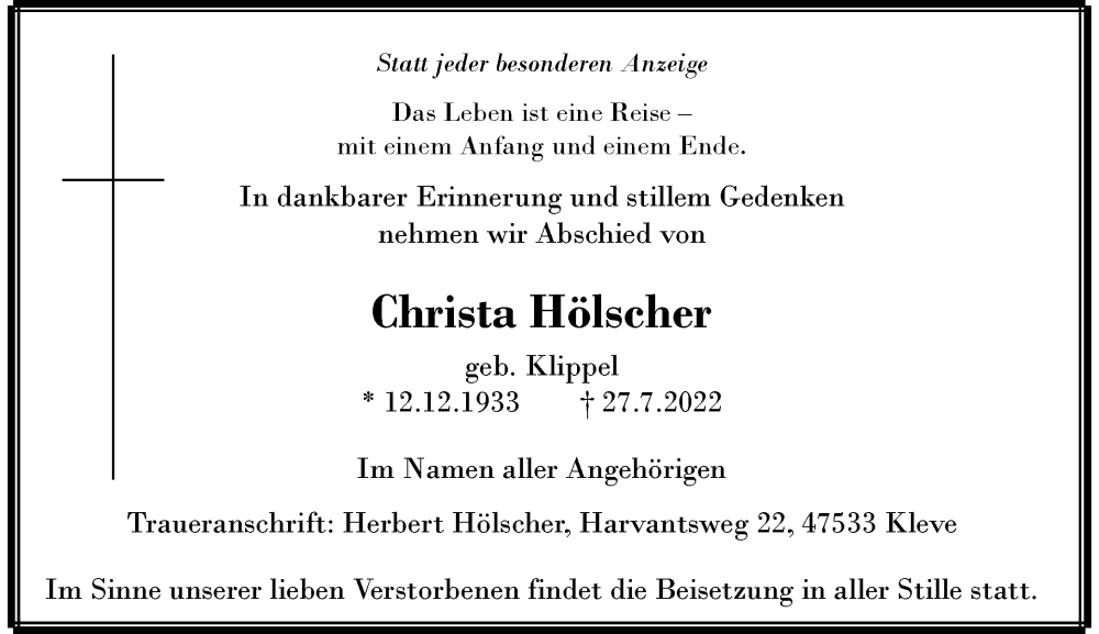  Traueranzeige für Christa Hölscher vom 06.08.2022 aus Rheinische Post