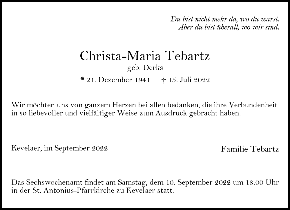  Traueranzeige für Christa-Maria Tebartz vom 03.09.2022 aus Rheinische Post