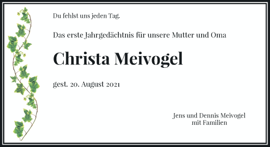 Traueranzeige von Christa Meivogel von Rheinische Post