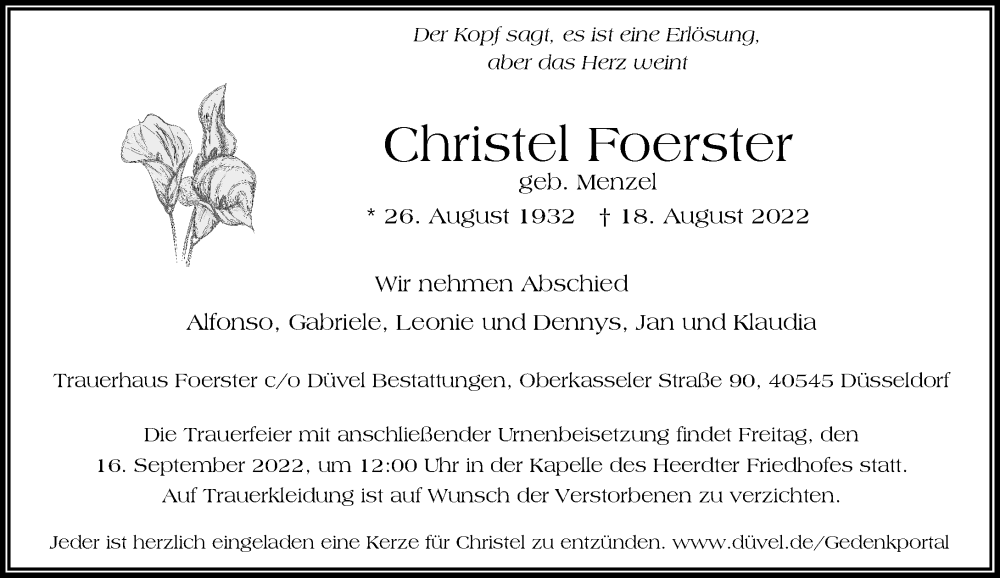  Traueranzeige für Christel Foerster vom 27.08.2022 aus Rheinische Post