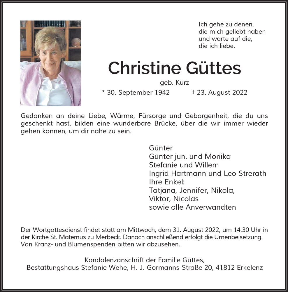  Traueranzeige für Christine Güttes vom 27.08.2022 aus Rheinische Post