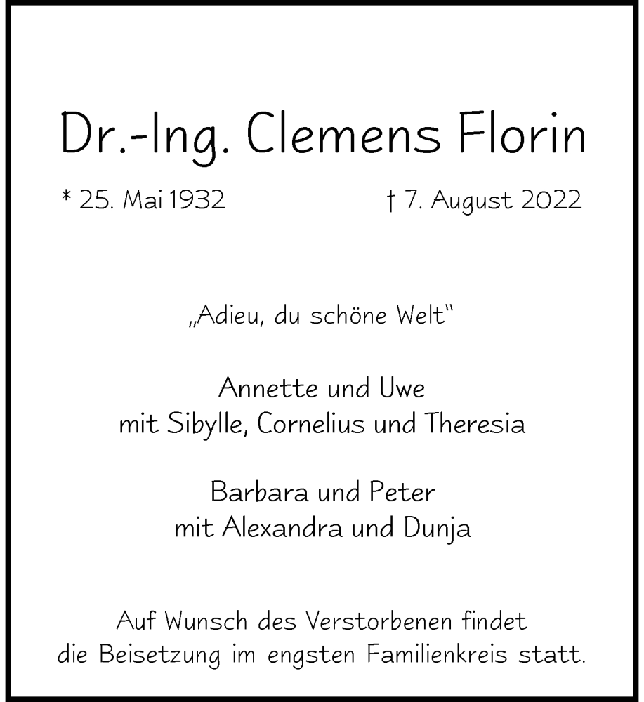  Traueranzeige für Clemens Florin vom 13.08.2022 aus Rheinische Post