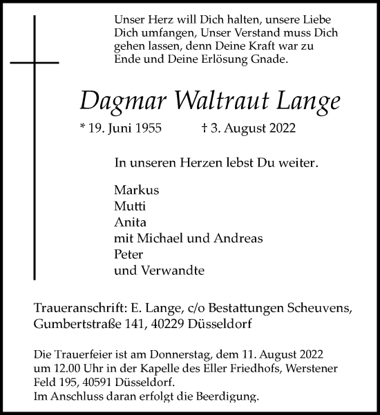 Traueranzeige von Dagmar Waltraut Lange von Rheinische Post