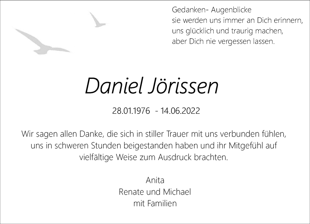  Traueranzeige für Daniel Jörissen vom 06.08.2022 aus Rheinische Post