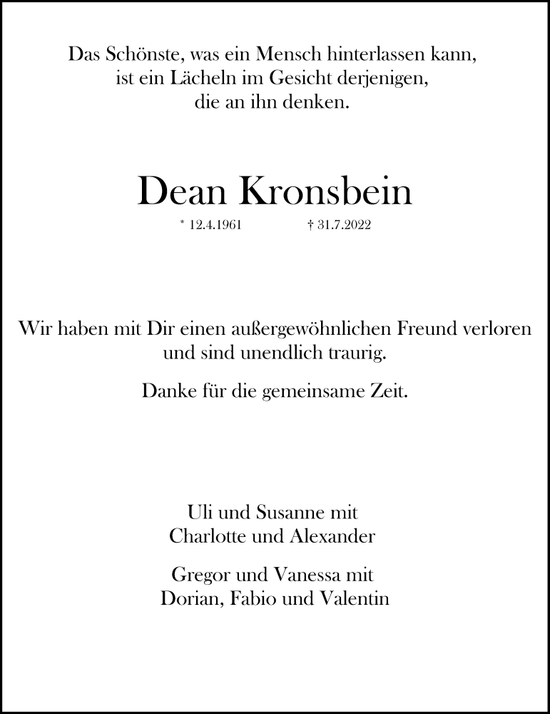  Traueranzeige für Dean Kronsbein vom 06.08.2022 aus Rheinische Post