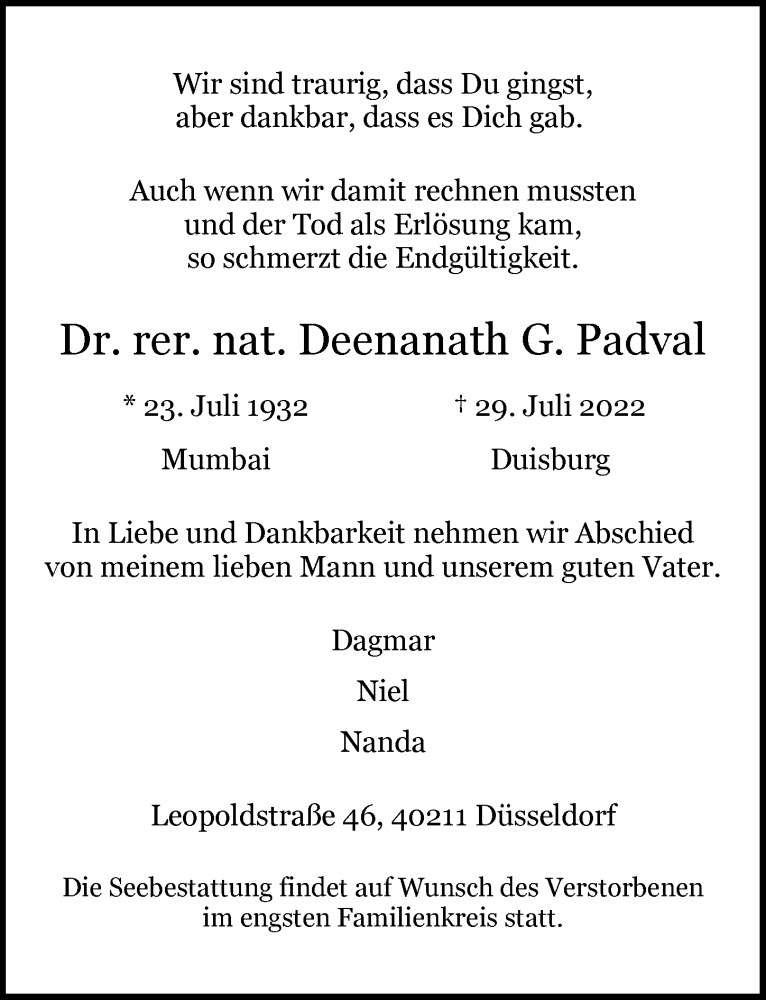  Traueranzeige für Deenanath G. Padval vom 06.08.2022 aus Rheinische Post