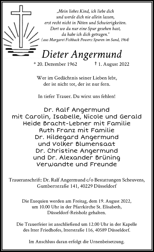  Traueranzeige für Dieter Angermund vom 13.08.2022 aus Rheinische Post