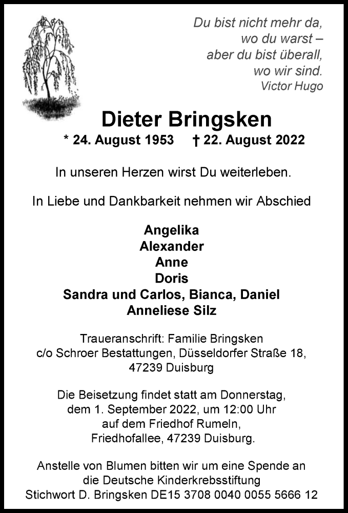  Traueranzeige für Dieter Bringsken vom 27.08.2022 aus Rheinische Post