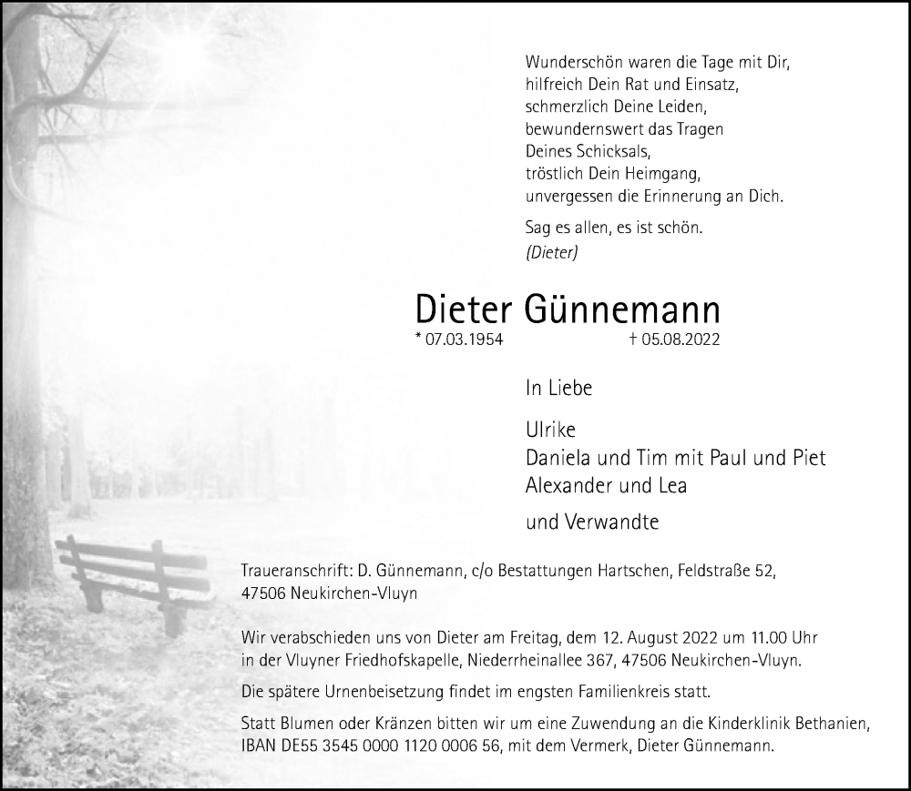  Traueranzeige für Dieter Günnemann vom 10.08.2022 aus Rheinische Post
