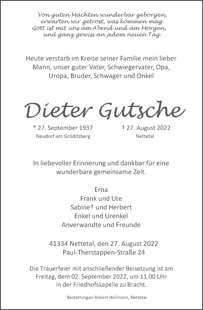  Traueranzeige für Dieter Gutsche vom 31.08.2022 aus Rheinische Post