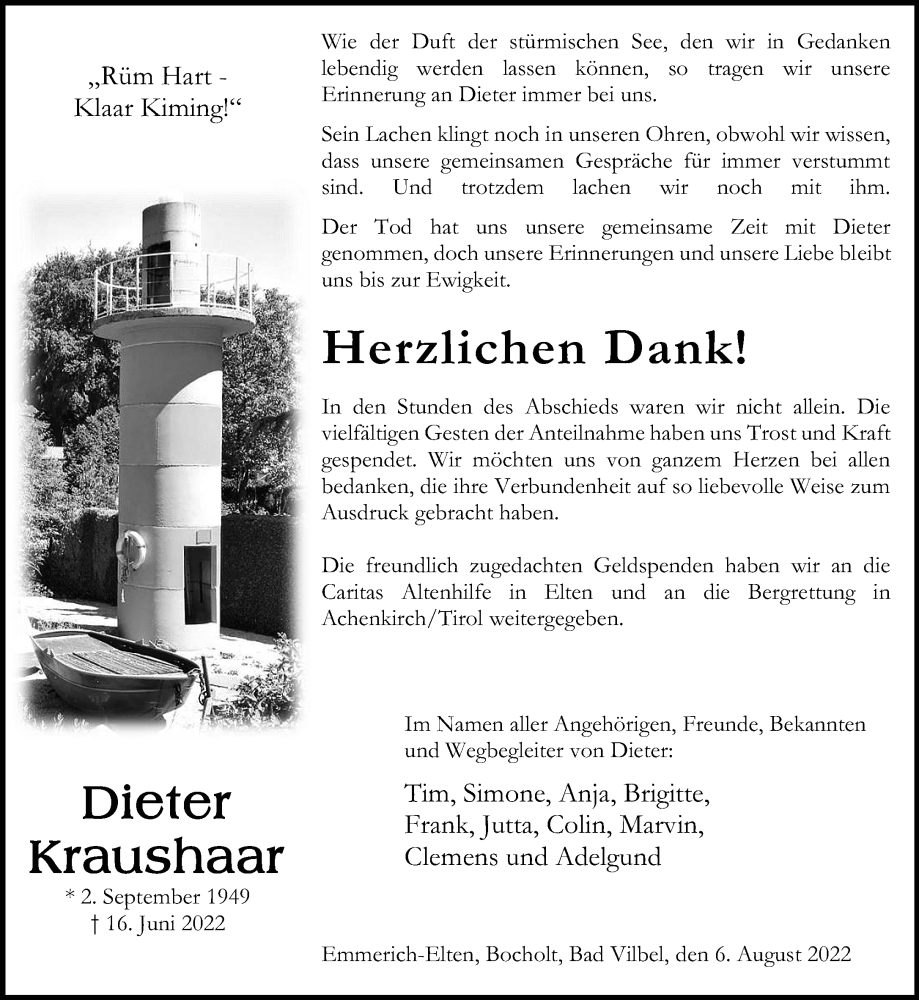  Traueranzeige für Dieter Kraushaar vom 06.08.2022 aus Rheinische Post