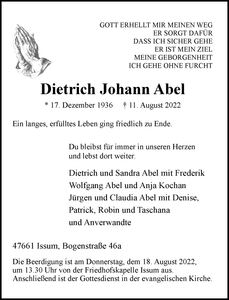  Traueranzeige für Dietrich Johann Abel vom 16.08.2022 aus Rheinische Post