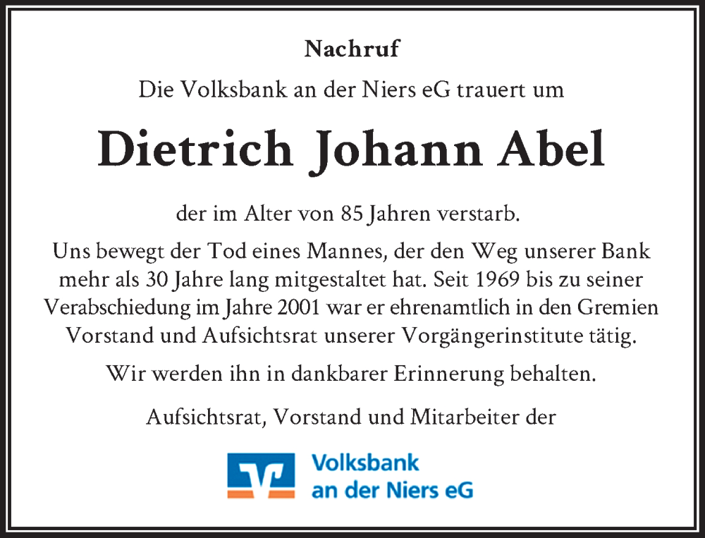  Traueranzeige für Dietrich Johann Abel vom 17.08.2022 aus Rheinische Post