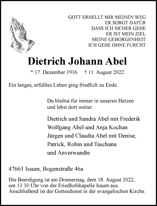 Traueranzeige von Dietrich Johann Abel von Rheinische Post