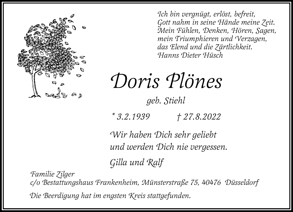  Traueranzeige für Doris Plönes vom 10.09.2022 aus Rheinische Post