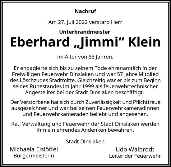 Traueranzeige von Eberhard Klein von Rheinische Post