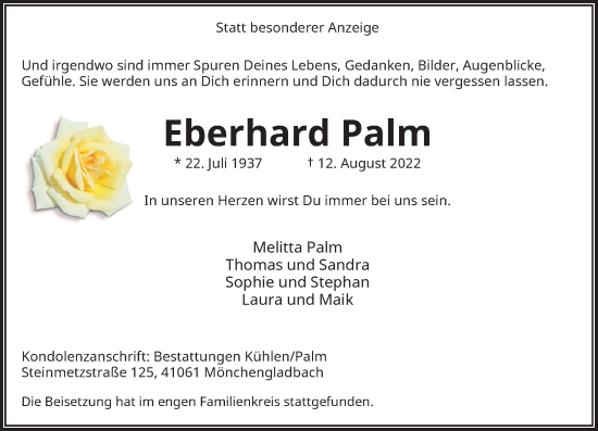 Traueranzeige von Eberhard Palm von Rheinische Post