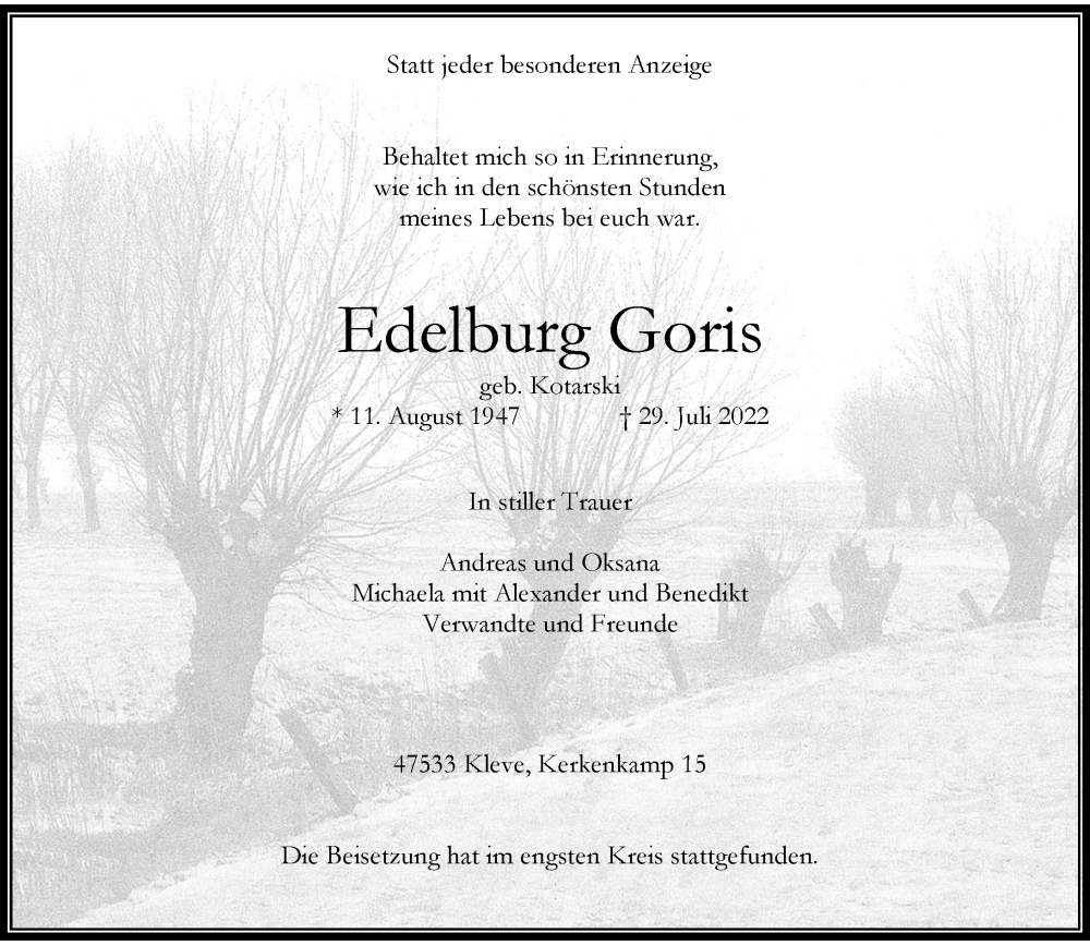  Traueranzeige für Edelburg Goris vom 13.08.2022 aus Rheinische Post